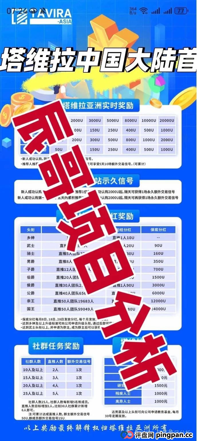 塔维拉亚洲资金盘骗局原悦比特诈骗团伙所开，典型的一轮圈韭菜盘，