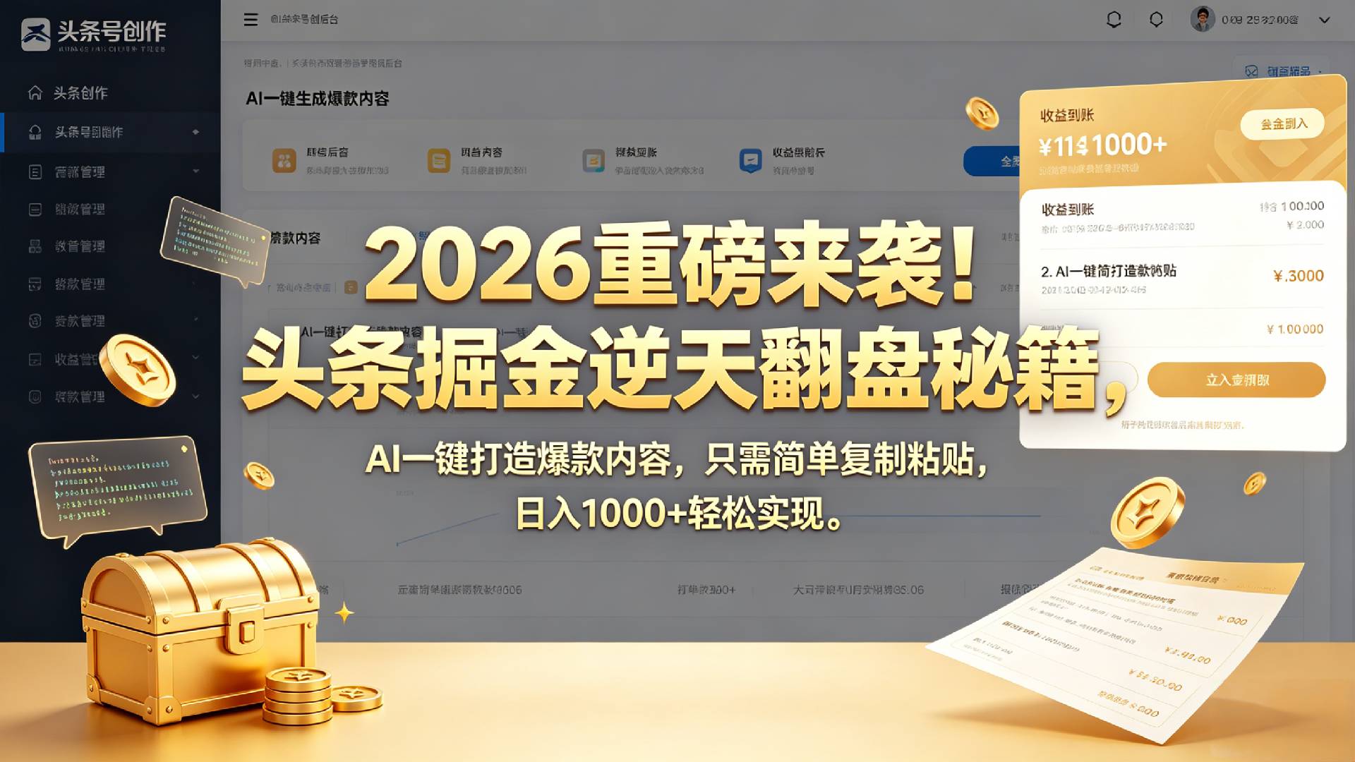 2026 重磅来袭!头条掘金逆天翻盘秘籍,AI 一键打造爆款内容,只需简单复制粘贴,日入 1000 + 轻松实现!(1) 2026 重磅来袭!头条掘金逆天翻盘秘籍,AI 一键打造爆款内容,只需简单复制粘贴,日入 1000 + 轻松实现!(1)